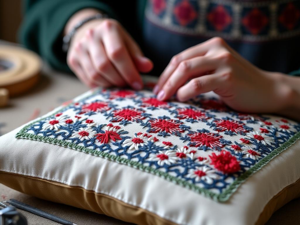Artisan hand embroidering pillow with traditional Swiss patterns in detailed close-up