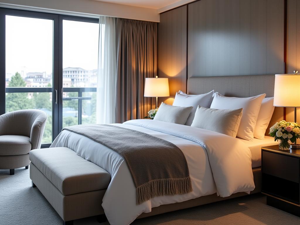 Luxury hotel suite featuring AlpenWeberei bedding showcasing Swiss hospitality elegance