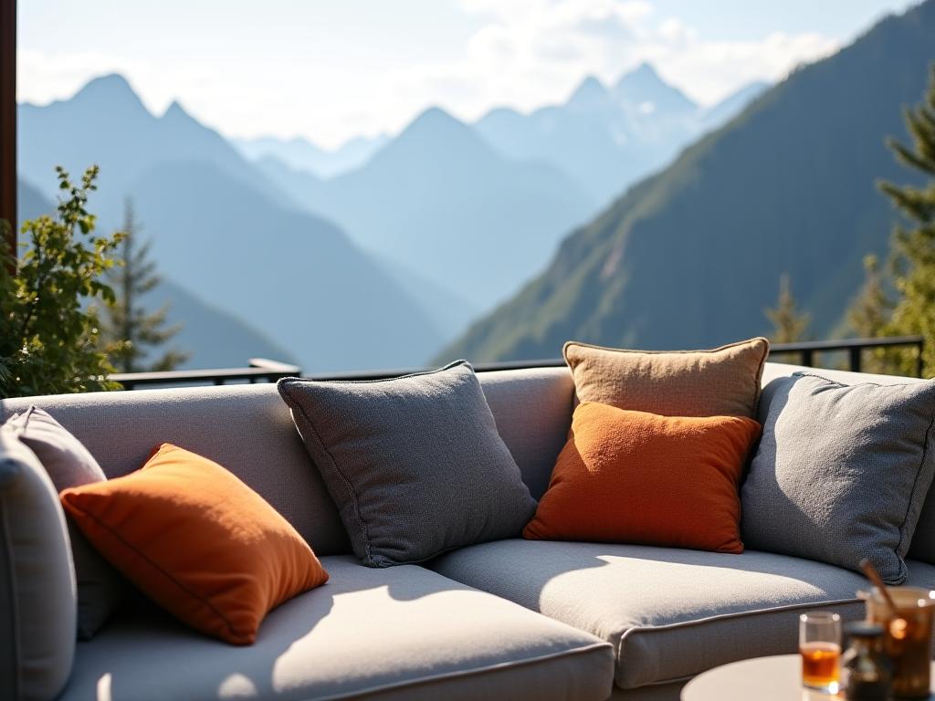 Weather-resistant outdoor cushions on alpine terrace made with merino wool